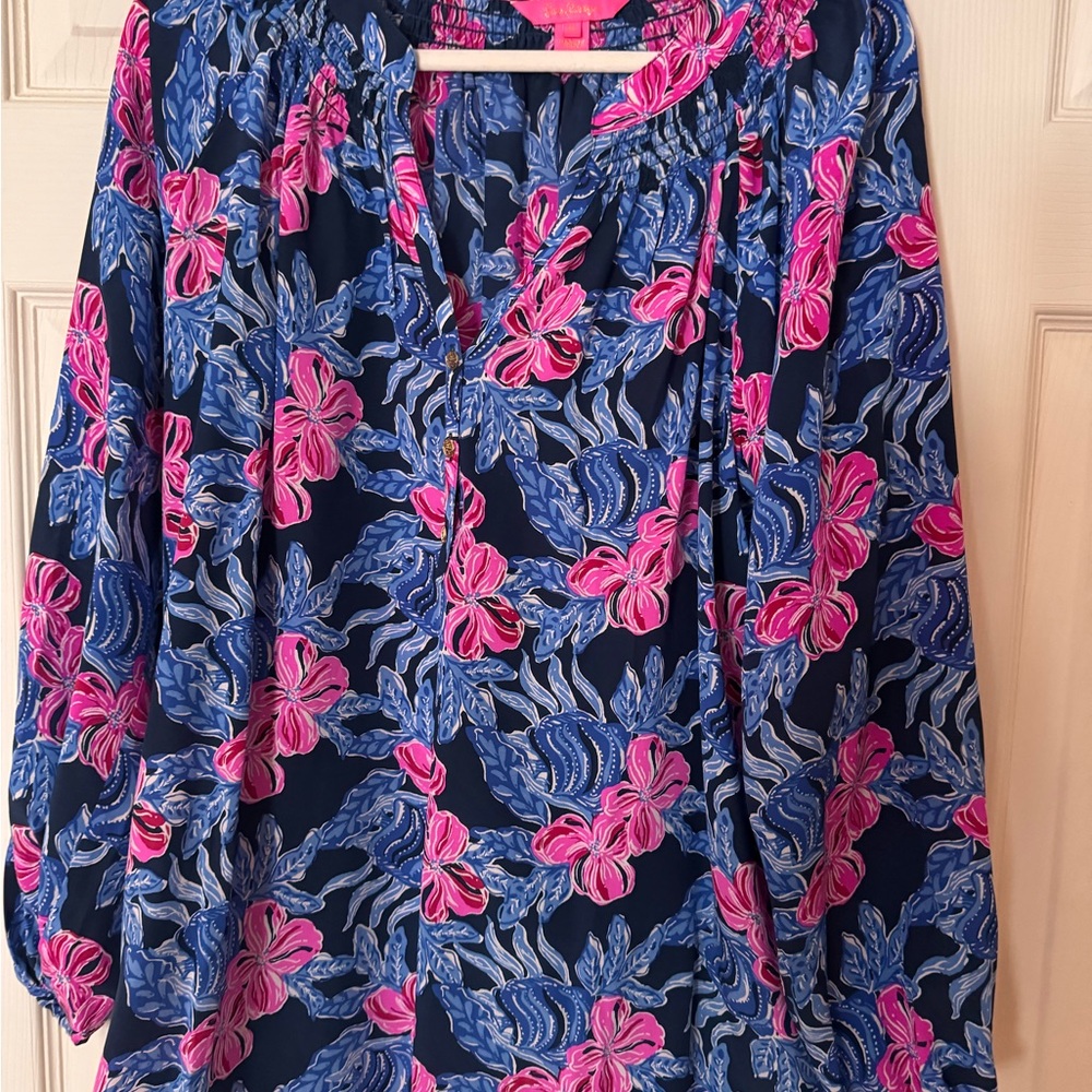 Lilly Pulitzer Blue and Pink Graphic Blouse with Mandarin Collar
